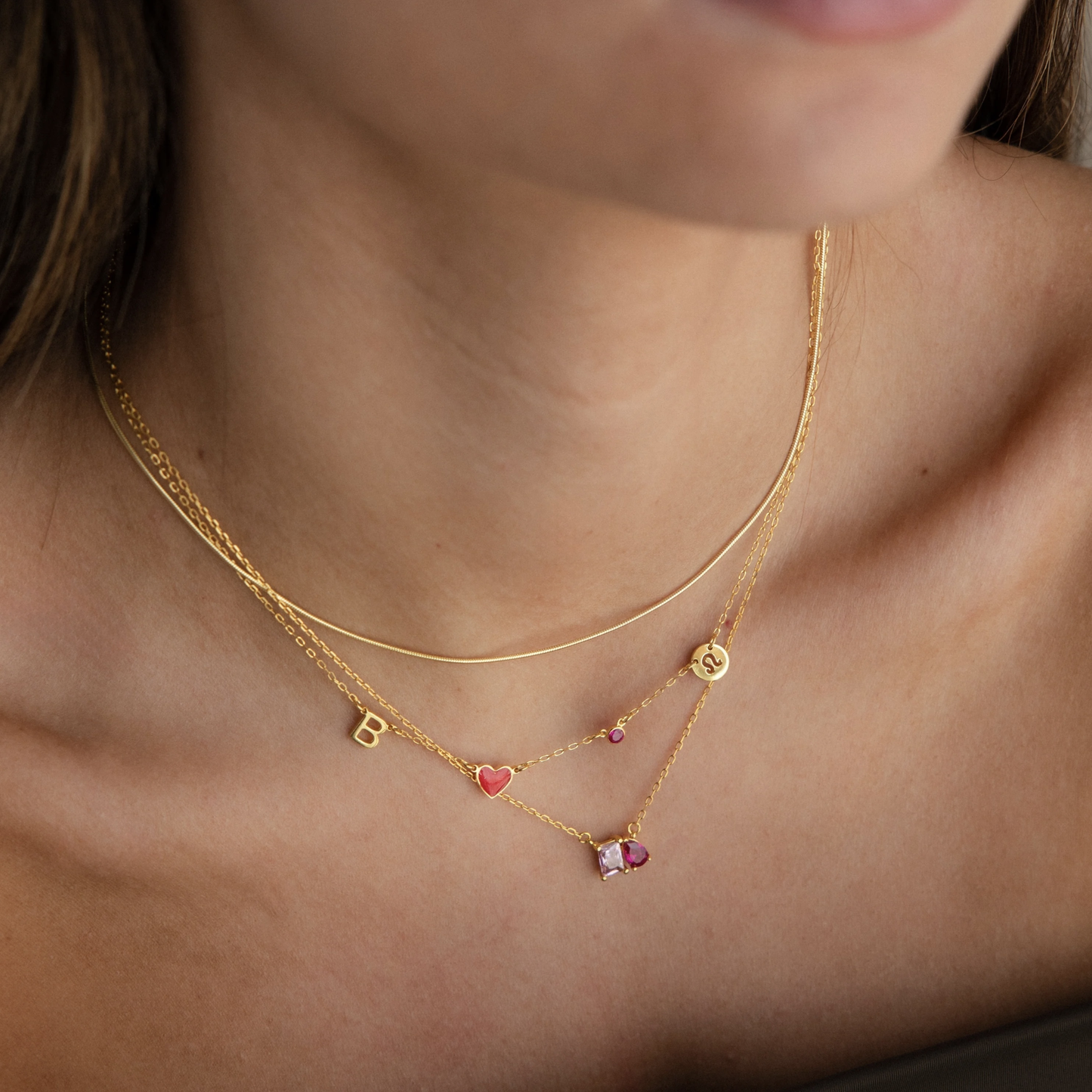 ハートイニシャルネックレス(誕生石・星座マーク付き）