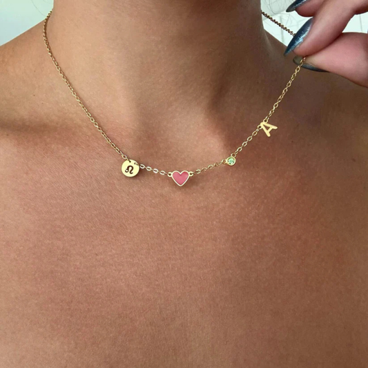 ハートイニシャルネックレス(誕生石・星座マーク付き）