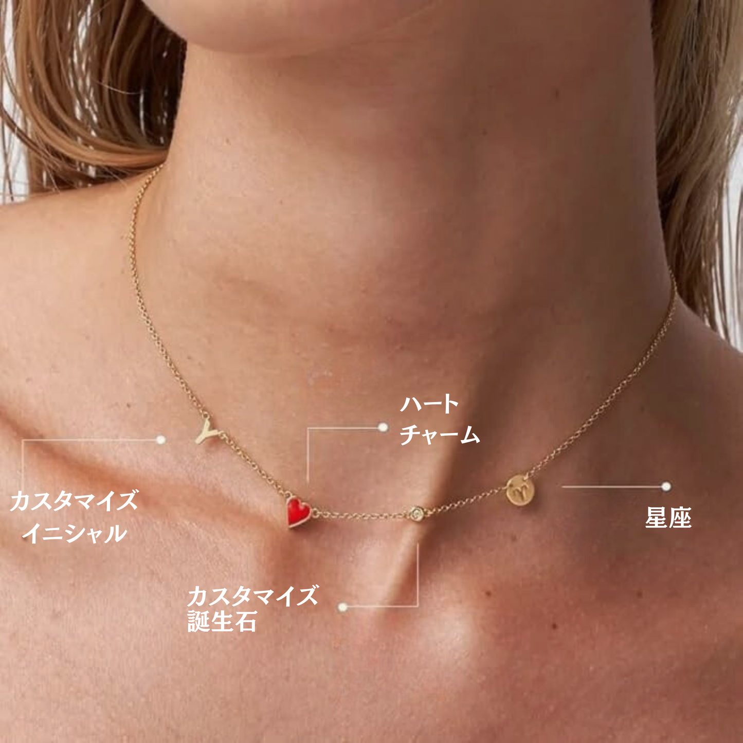 ハートイニシャルネックレス(誕生石・星座マーク付き）